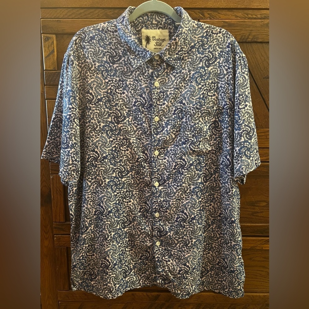 Vintage Silk Men’s Shirt 2XL Blue Pink 100% Silk Tropical Button Down Shirt